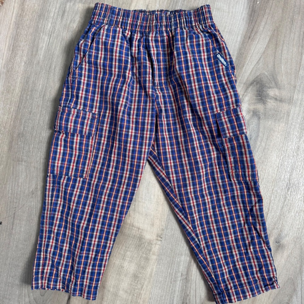 Vintage OshKosh Bgosh Boys 3T Plaid Cargo Pants Blue Red Cotton 90's Retro